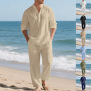 Men’s Linen Two Piece Set – Loose Fit Long Sleeve Henley Shirt & Casual Pants Beach Outfit
