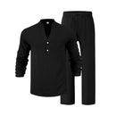 Men’s Linen Two Piece Set – Loose Fit Long Sleeve Henley Shirt & Casual Pants Beach Outfit