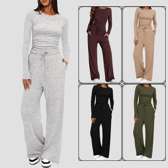 Women’s Two-Piece Autumn Winter Suit with Long Sleeve Top & Wide Leg Pants