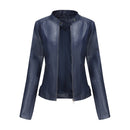Women's Zip-up Leather Jackets Fashion Solid Color Pockets Stand Collar Top Outwear Clothing