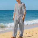 Men’s Linen Two Piece Set – Loose Fit Long Sleeve Henley Shirt & Casual Pants Beach Outfit