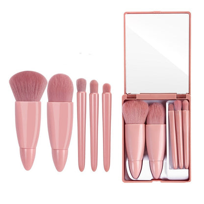 5-Piece Portable Makeup Brush Set with Mirror – Travel Makeup Brush Kit for Face & Eyes
