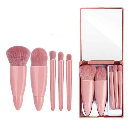 5-Piece Portable Makeup Brush Set with Mirror – Travel Makeup Brush Kit for Face & Eyes