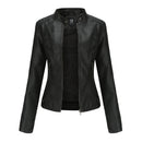 Women's Zip-up Leather Jackets Fashion Solid Color Pockets Stand Collar Top Outwear Clothing