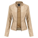 Women's Zip-up Leather Jackets Fashion Solid Color Pockets Stand Collar Top Outwear Clothing