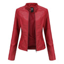 Women's Zip-up Leather Jackets Fashion Solid Color Pockets Stand Collar Top Outwear Clothing