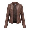 Women's Zip-up Leather Jackets Fashion Solid Color Pockets Stand Collar Top Outwear Clothing