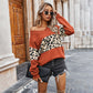 Leopard Print Sweatshirt Fashion Casual V-neck Long-sleeved Pullover Top Women&