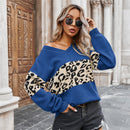 Leopard Print Sweatshirt Fashion Casual V-neck Long-sleeved Pullover Top Women's Commuting Clothing
