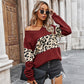 Leopard Print Sweatshirt Fashion Casual V-neck Long-sleeved Pullover Top Women&