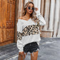Leopard Print Sweatshirt Fashion Casual V-neck Long-sleeved Pullover Top Women&