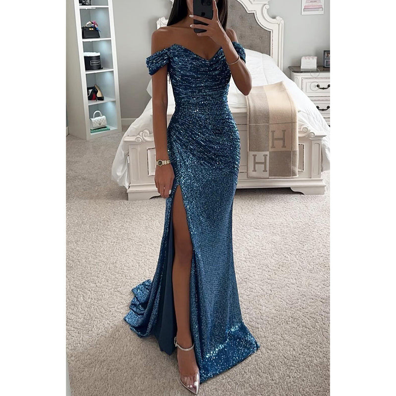 Party Sequins Off-Shoulder Split Long Dress – Slimming Casual Fashion Dress  for Women