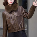 Fleece-lined Thickened Western Style Fashion Short Lapel PU Women's Coat