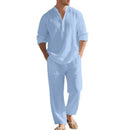 Men’s Linen Two Piece Set – Loose Fit Long Sleeve Henley Shirt & Casual Pants Beach Outfit