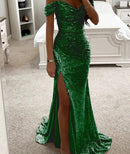 Party Sequins Off-Shoulder Split Long Dress – Casual Fashion Slimming Dress for Women