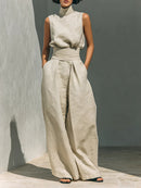 Women’s Summer Two Piece Set – Sleeveless Stand Collar Top & Loose Straight Leg Trousers