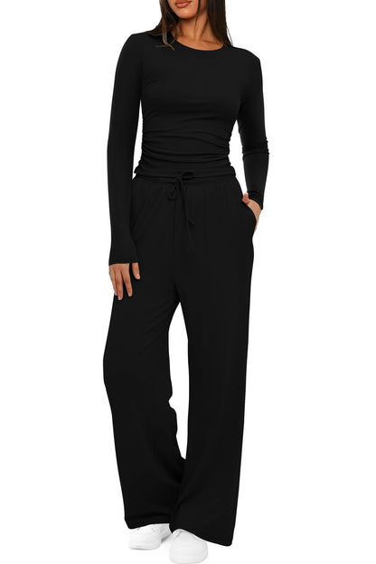 Women’s Two-Piece Autumn Winter Suit with Long Sleeve Top & Wide Leg Pants