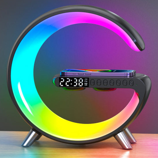 G-Shaped LED Smart Lamp with Clock – Bluetooth Speaker & Wireless Charger RGB Light