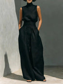 Women’s Summer Two Piece Set – Sleeveless Stand Collar Top & Loose Straight Leg Trousers