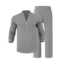 Men’s Linen Two Piece Set – Loose Fit Long Sleeve Henley Shirt & Casual Pants Beach Outfit