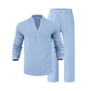 Men’s Linen Two Piece Set – Loose Fit Long Sleeve Henley Shirt & Casual Pants Beach Outfit