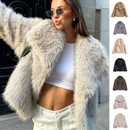 Women’s Winter Plush Coat – Warm Fluffy Lapel Jacket with Long Sleeves
