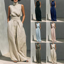 Women’s Summer Two Piece Set – Sleeveless Stand Collar Top & Loose Straight Leg Trousers