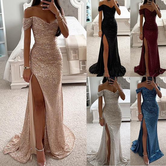 Party Sequins Off-Shoulder Split Long Dress – Casual Fashion Slimming Dress for Women