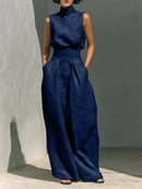 Women’s Summer Two Piece Set – Sleeveless Stand Collar Top & Loose Straight Leg Trousers