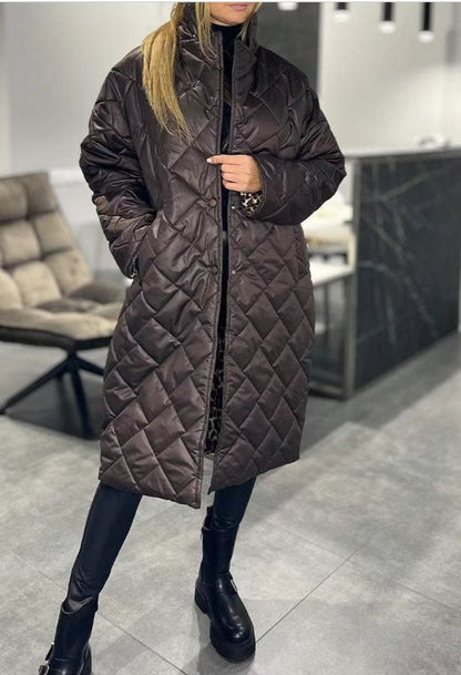 Winter Rhombus Stitching Coat Warm Solid Color Pocket Lapel Long Jacket Women&
