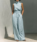 Women’s Summer Two Piece Set – Sleeveless Stand Collar Top & Loose Straight Leg Trousers