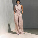 Women’s Summer Two Piece Set – Sleeveless Stand Collar Top & Loose Straight Leg Trousers