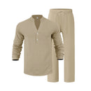 Men’s Linen Two Piece Set – Loose Fit Long Sleeve Henley Shirt & Casual Pants Beach Outfit