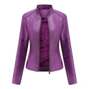 Women's Zip-up Leather Jackets Fashion Solid Color Pockets Stand Collar Top Outwear Clothing