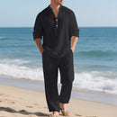 Men’s Linen Two Piece Set – Loose Fit Long Sleeve Henley Shirt & Casual Pants Beach Outfit