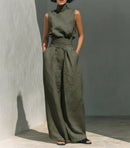 Women’s Summer Two Piece Set – Sleeveless Stand Collar Top & Loose Straight Leg Trousers
