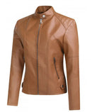 Women's Zip-up Leather Jackets Fashion Solid Color Pockets Stand Collar Top Outwear Clothing