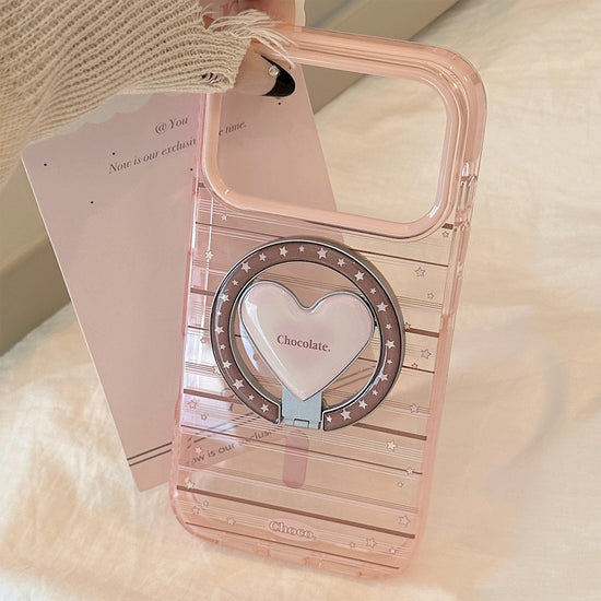 Magnetic iPhone Holder with Pink-Brown Striped Case & Stand