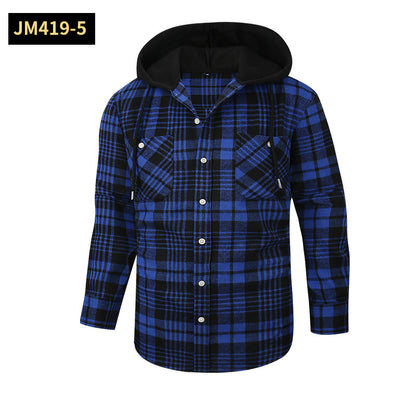 Loose Casual Flannel Long Sleeve Hooded Plaid Shirt