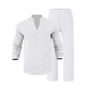 Men’s Linen Two Piece Set – Loose Fit Long Sleeve Henley Shirt & Casual Pants Beach Outfit