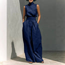 Women’s Summer Two Piece Set – Sleeveless Stand Collar Top & Loose Straight Leg Trousers
