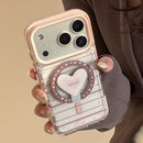 Magnetic iPhone Holder with Pink-Brown Striped Case & Stand