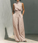 Women’s Summer Two Piece Set – Sleeveless Stand Collar Top & Loose Straight Leg Trousers