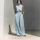 Women’s Summer Two Piece Set – Sleeveless Stand Collar Top & Loose Straight Leg Trousers
