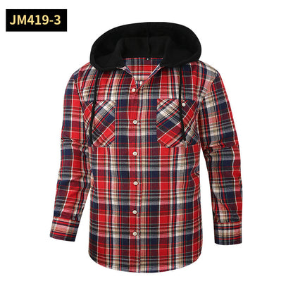 Loose Casual Flannel Long Sleeve Hooded Plaid Shirt