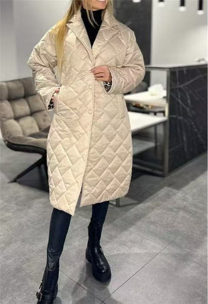 Winter Rhombus Stitching Coat Warm Solid Color Pocket Lapel Long Jacket Women&
