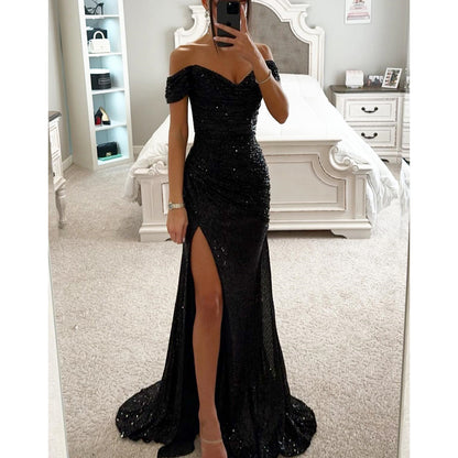 Party Sequins Off-Shoulder Split Long Dress – Casual Fashion Slimming Dress for Women
